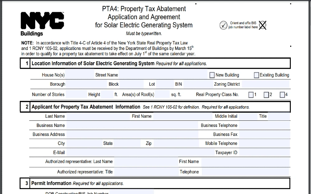 Screenshot of City of New York website for forms showing a PDF copy of Form PTA4 (Property Tax Abatement Application and Agreement for Solar Electric Generating System).
