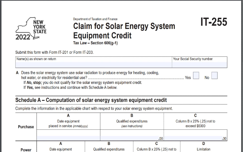 Screenshot of New York State website for Department of Taxation and Finance showing a PDF file copy of Form IT-255 (Claim for Solar Energy System Equipment Credit).